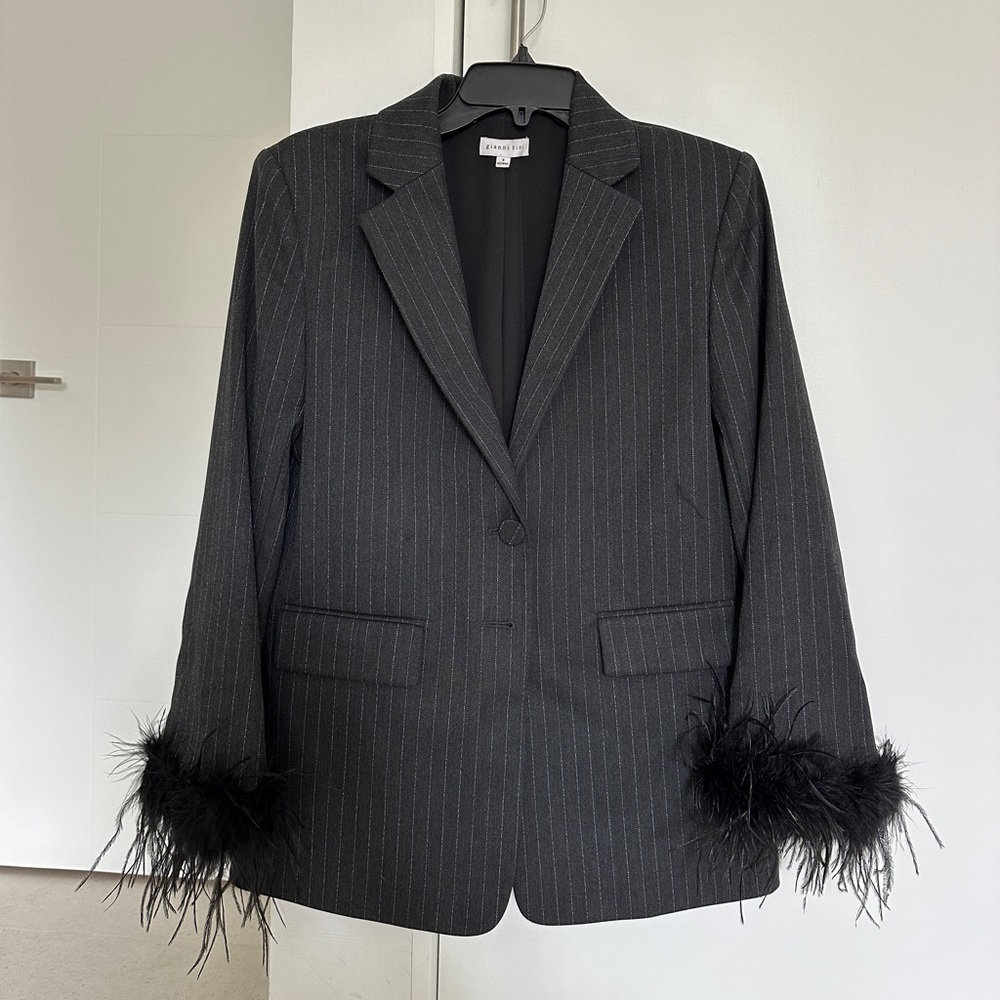 Gianni Bini x Nastia Liukin Val Twill Stripe Long Sleeve Feather Trim Blazer - Picture 2 of 4